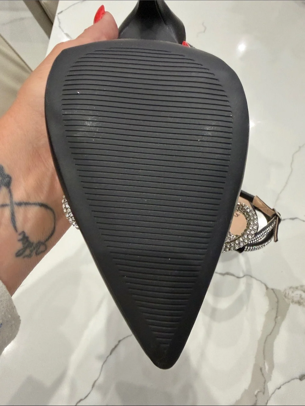 Qupid Black New Pointed-Toe Ankle-Strap Heels with Crystal Bow